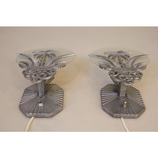 Rare Matched Pair French Art Deco Tropic Palm Aluminum Glass Wall Sconce Lamps 1920's For Sale In Los Angeles - Image 6 of 13