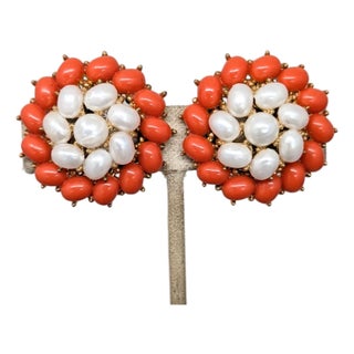 Vintage 1958 Signed Crown Trifari Faux-Coral & Pearl Clip Earrings-2 Pieces For Sale