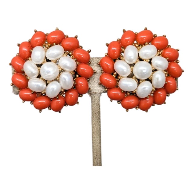 Vintage 1958 Signed Crown Trifari Faux-Coral & Pearl Clip Earrings-2 Pieces For Sale