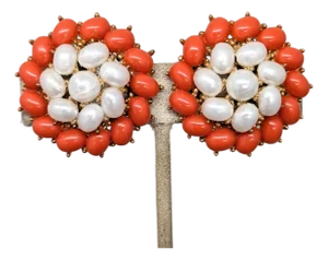 Vintage 1958 Signed Crown Trifari Faux-Coral & Pearl Clip Earrings-2 Pieces