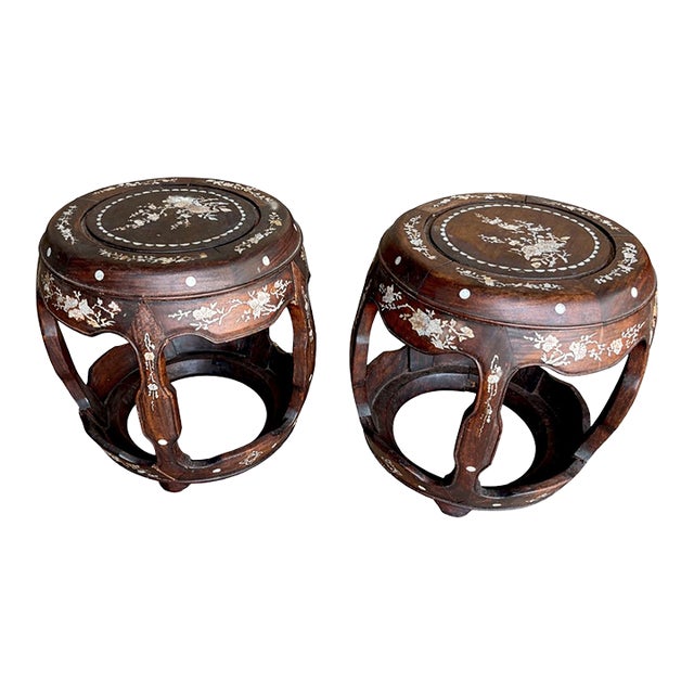 Pair Vintage Hardwood Drum Stools Mother of Pearl Inlay Chinese Chinoiserie For Sale