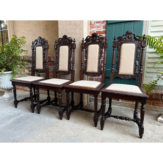 French Country Set 4 Antique French Dining Chairs Renaissance Carved Oak Bird Black Forest For Sale - Image 3 of 12
