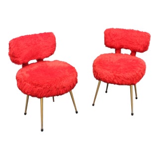 1950s French Mid Century Modern Red Plush Fantasy Faux Fur Accent / Side Chairs George Jetson Look a - Pair For Sale