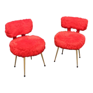 1950s French Mid Century Modern Red Plush Fantasy Faux Fur Accent / Side Chairs George Jetson Look a - Pair
