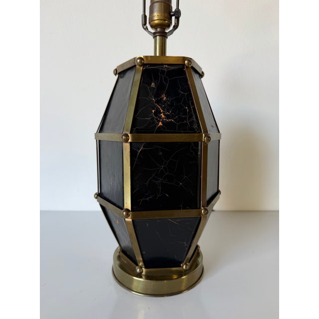 Hollywood Regency Vintage Hollywood Regency Brass & Black Leather Geometric Table Lamp For Sale - Image 3 of 13