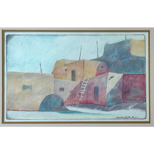 Charming framed colored pencil drawing by Susan Blatter Poutre. Signed lower right. Beautifully framed in gold and matted...