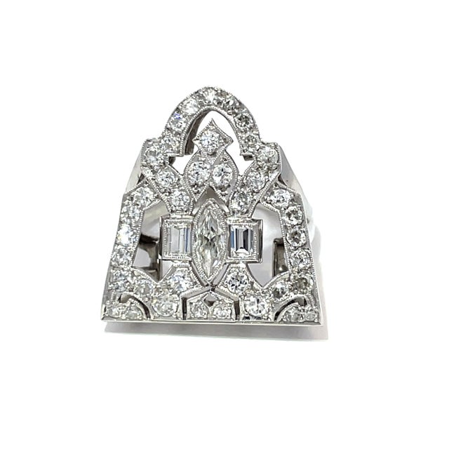 Antique 14k White Gold Art Deco Cocktail Ring With 1.5 CTW Diamonds, Size 4.5 For Sale - Image 9 of 10