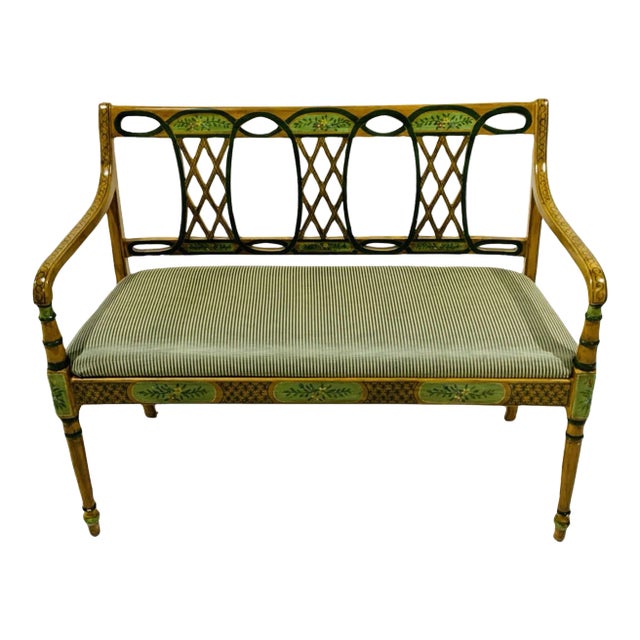 Striped Green Adam Style Settee With Hand-Painted Decoration by Southwood Furniture Co., Refinished For Sale