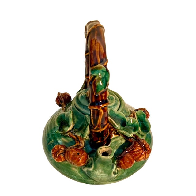 Green Vintage Majolica Ceramic Teapot Green Glaze With a Frog, Vines, and Hazelnuts. Unique Pottery. Charming. For Sale - Image 8 of 9