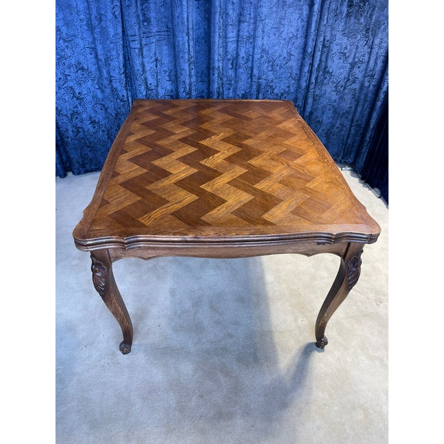1950s Country French Oak Retractable Dining Table With a Marquetry Top For Sale In Philadelphia - Image 6 of 12