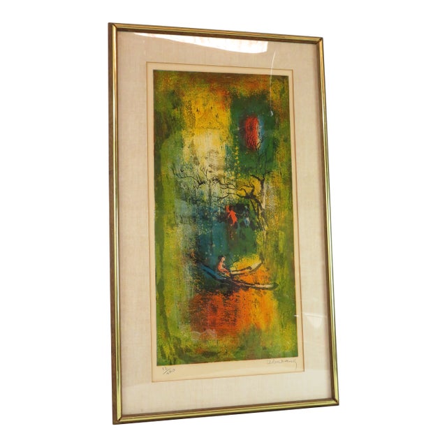 Mid Century Signed Hoi Lebadang 12/260 Color Lithograph Abstract Art Print For Sale