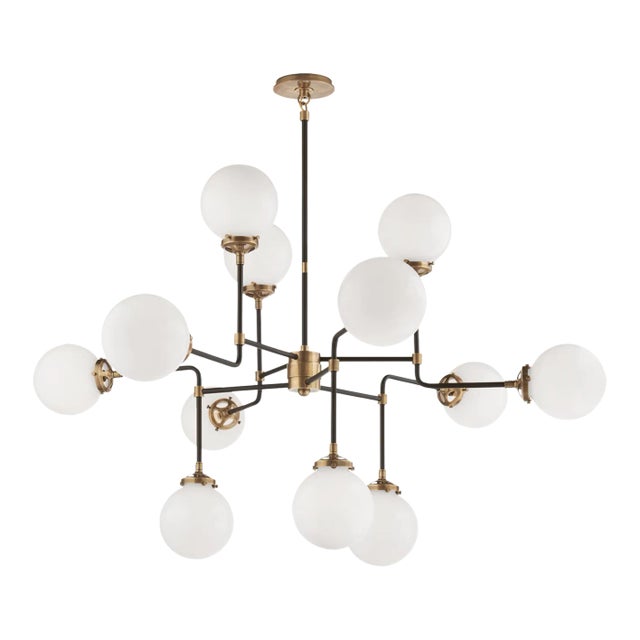 Ian K. Fowler for Visual Comfort Signature Bistro Medium Chandelier in Hand-Rubbed Antique Brass with White Glass For Sale