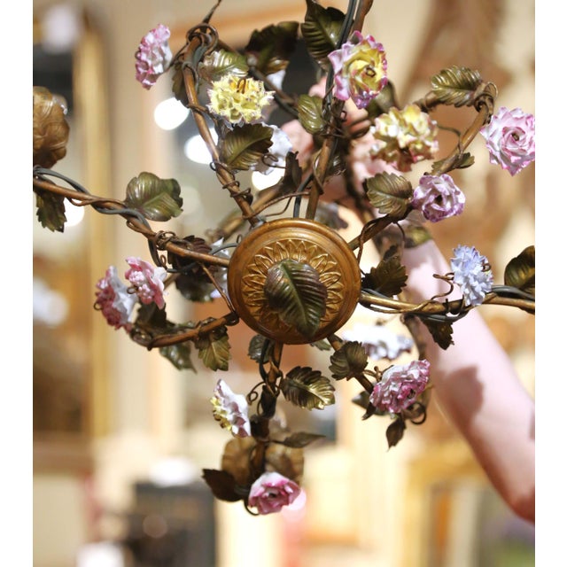Metal Early 20th C. French Four-Light Floral Tole Chandelier With Porcelain Flowers For Sale - Image 7 of 10