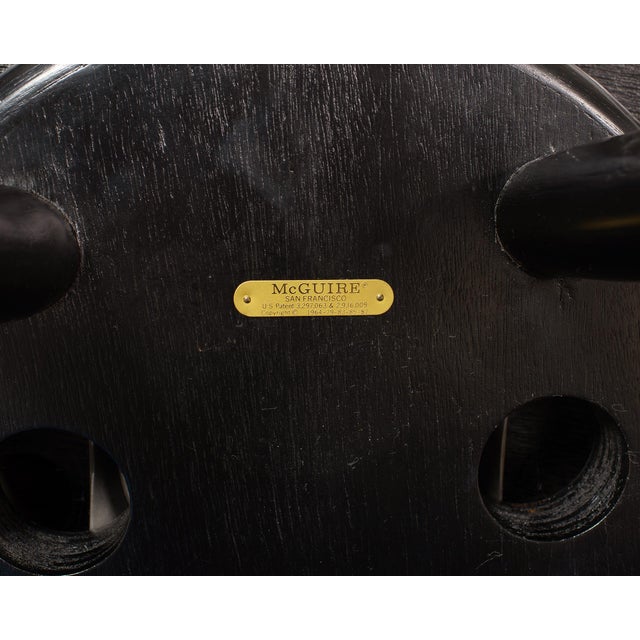 Black Pair of McGuire Lacquered Rattan Cane Swivel Barstools For Sale - Image 8 of 18