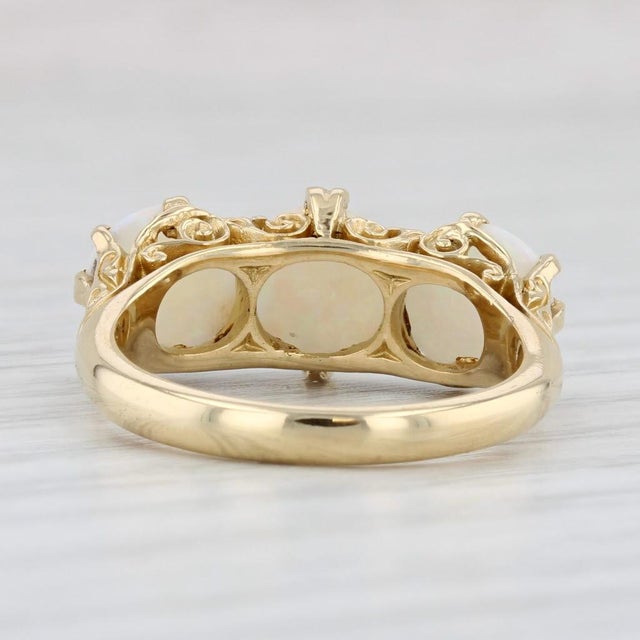 1950s Vintage Ornate 3-Stone Opal Ring 18k Yellow Gold Size 6.75 For Sale - Image 5 of 9