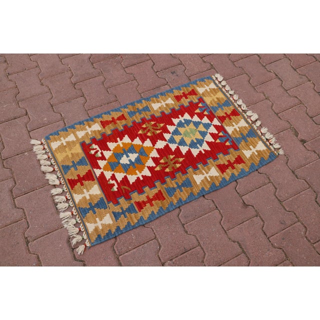 Rustic 1970s Southwestern Style Geometric Design Handmade Red Oushak Accent Kilim Rug For Sale - Image 3 of 11