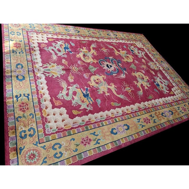 Art Deco 1920s Deep Field Red 9 Dragon Design Traditional Antique Chinese Art Deco Rug For Sale - Image 3 of 8