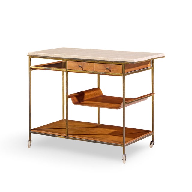 Mid-Century Modern Paul McCobb for Calvin Irwin Collection Model C9203 Mid Century Travertine, Brass and Mahogany Bar Cart For Sale - Image 3 of 11