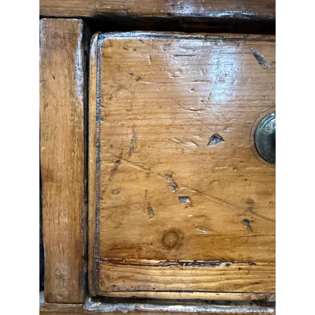 19th C French Draper’s Table Fruitwood Pine 4 Drawer Primitive 90” For Sale - Image 12 of 14