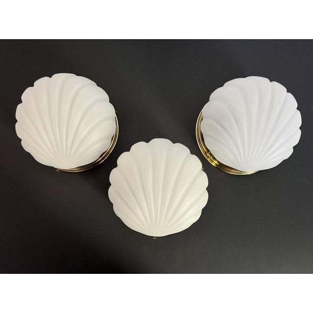 Mid-Century Modern 1970s Frosted Glass Scallop Shell Wall Lights - Set of Three For Sale - Image 3 of 18