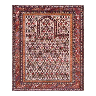 1880s Ivory Islamic Prayer Antique Caucasian Rug 4'0" X 5'0" Handknotted Wool Carpet For Sale