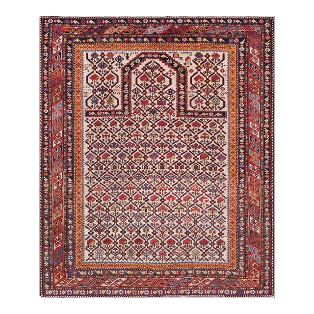 1880s Ivory Islamic Prayer Antique Caucasian Rug 4'0" X 5'0" Handknotted Wool Carpet For Sale