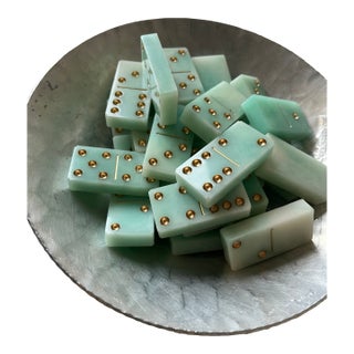 Vintage Jadeite-Style Domino Set With Brass Inlay Dots For Sale