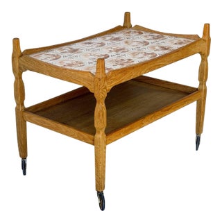 In Style of Henning Kjærnulf Oak Two-Tier Serving Bar Cart With Ceramic Tile Top Vintage Mid-Century Modern 1970s For Sale