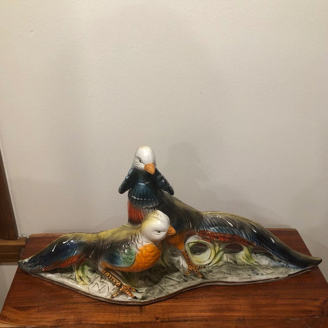 1950s Collectible Mid Century Italian Ceramic Pheasants Pair Majolica Sculpture Made in Italy