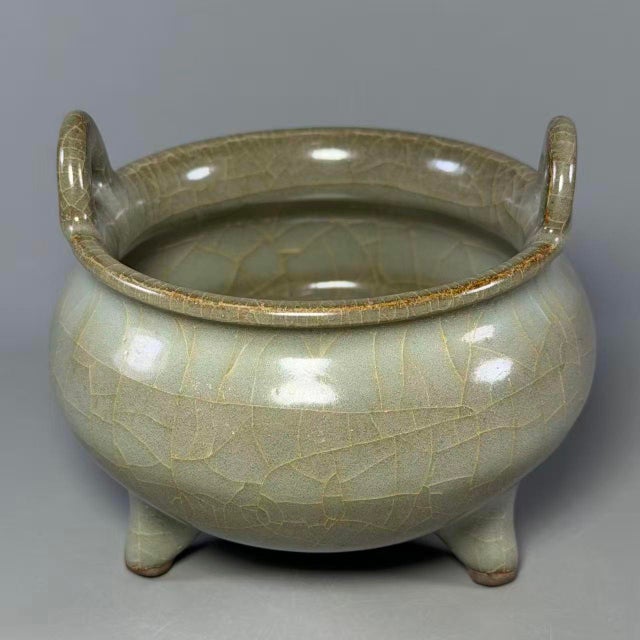 Ceramic Chinese Celadon Tripod Vessel, Twin‑Handle Crackle‑Glaze Collectible Decorative Censer For Sale - Image 7 of 9