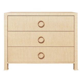 Matthew Izzo Home Getty Natural Grass Cloth Three Drawer Chest With Antique Brass Circle Drawer Pulls For Sale
