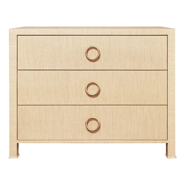 Matthew Izzo Home Getty Natural Grass Cloth Three Drawer Chest With Antique Brass Circle Drawer Pulls For Sale