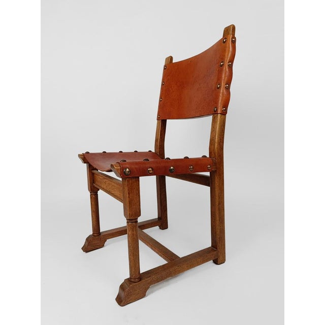 Rustic Set of Italian Rustic Chairs in Cognac Studded Leather and Oak, 1930s For Sale - Image 3 of 18