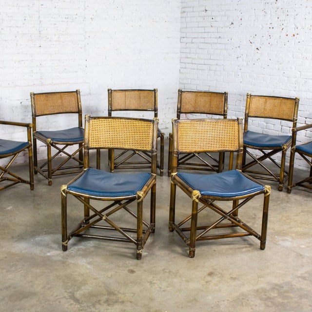 Late 20th Century Campaign Style Set of 8 Dining Chairs by McGuire Rattan Cane & Navy Leather For Sale - Image 9 of 18