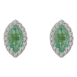 Vintage Inspired 1.8 Ct Natural Marquise Emerald & Diamond Stud Earrings 2 Pieces For Sale