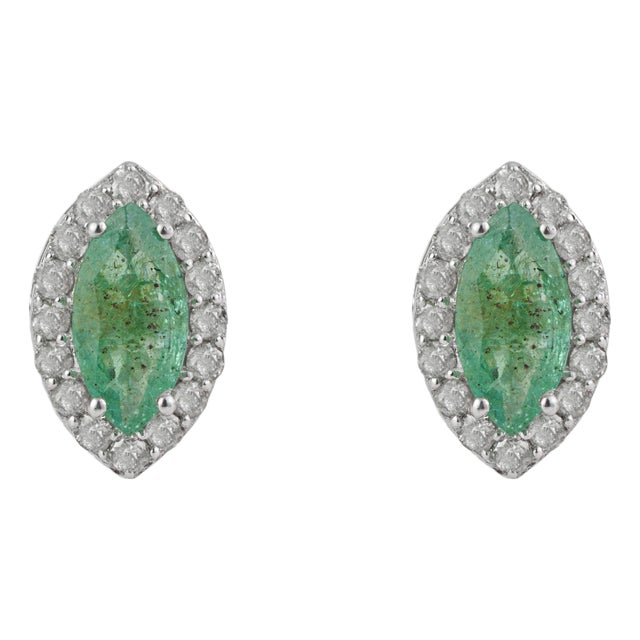 Vintage Inspired 1.8 Ct Natural Marquise Emerald & Diamond Stud Earrings 2 Pieces For Sale