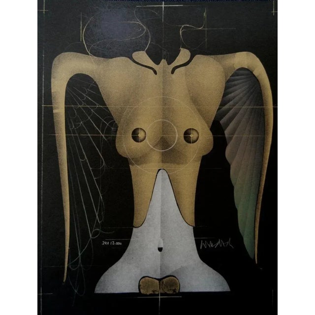 Very interesting colored lithograph, representing a winged woman bust with erotic and surreal symbols. Hand numbered and...
