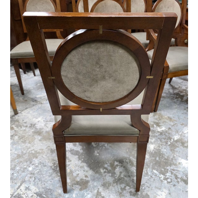 Wood Set of 6 Baker Furniture Dining Chairs, Modern Neoclassical Regency Style, Geometric Circle Back, Upholstered Seats For Sale - Image 7 of 12