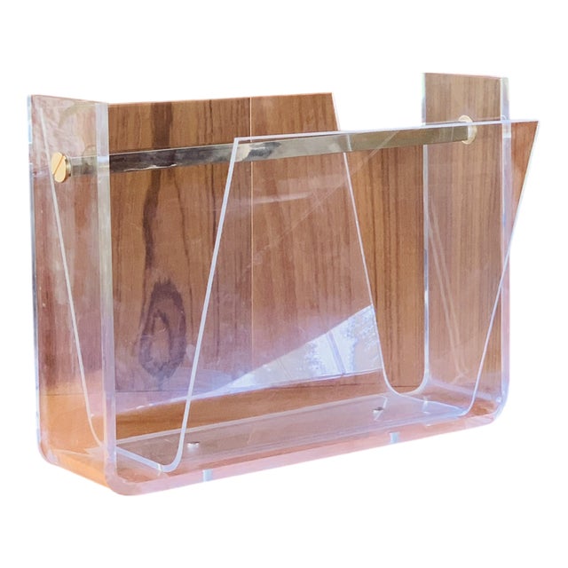 Acrylic Glass and Brass Magazine Rack attributed to David Lange, 1970s For Sale