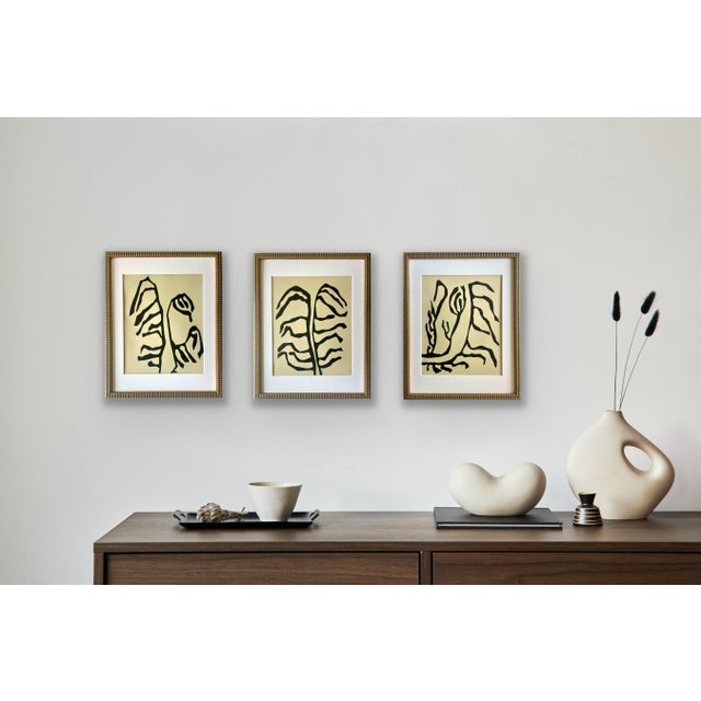 Original abstract botanical painting on French rag paper. Framed in a gold texture locally crafted frame. Framed behind...
