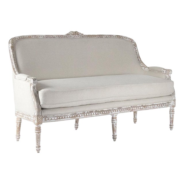 Yvon Canape Bench - Natural Linen / Distressed Grey Painted Frame For Sale