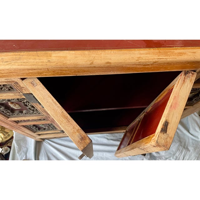 Mid 20th Century Asian Red Brown Sideboard/Cabinet Carved Wood Applied Hardstone Figural For Sale - Image 10 of 15