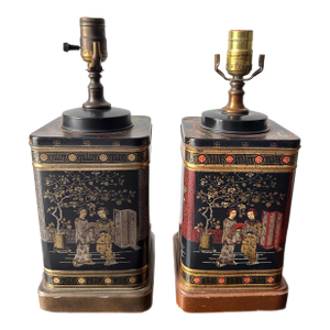 Fredrick Cooper Vintage Chinoiserie English Tole Metal Tea Canister Chinese Painted Pair Table Lamps