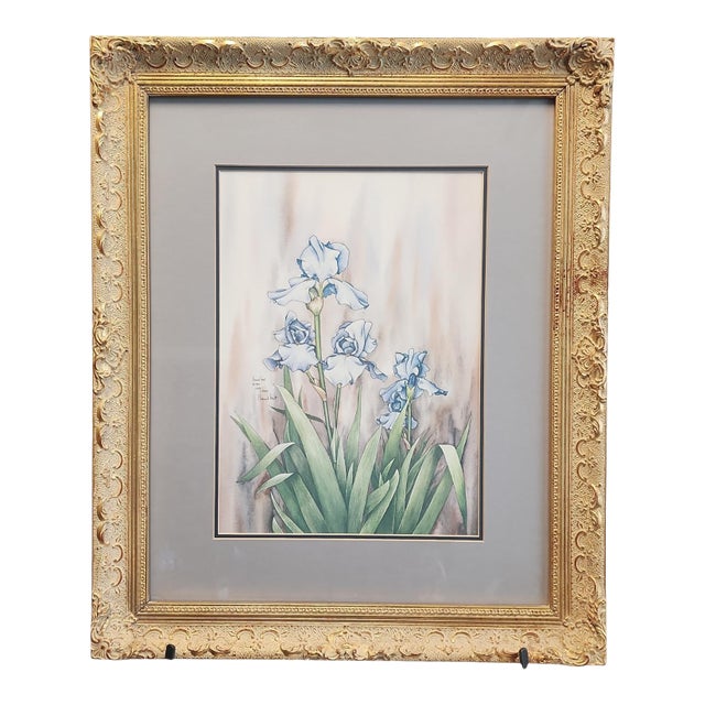 Carmel Foret 1983 Numbered Edition " Little Bearded Blue Iris" Pencil Signed Watercolor Print For Sale