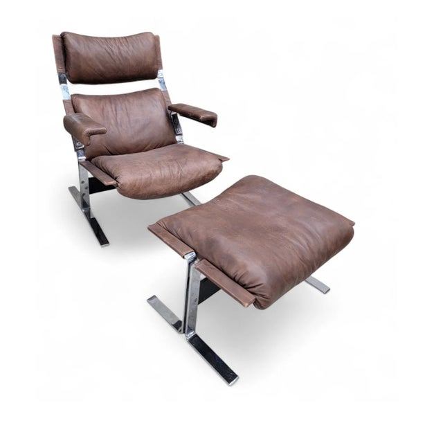 Mid 20th Century Mid Century Modern Brown Leather and Chromium Lounge Chairs and Ottoman Attributed to Richard Hersberger For Sale - Image 5 of 11