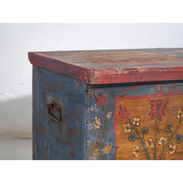 Antique Painted Folk Wood Trunk For Sale - Image 3 of 12