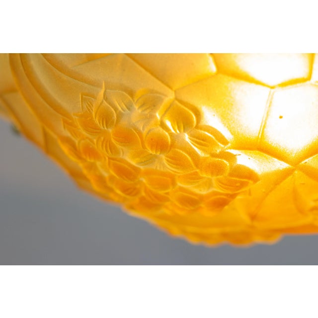 Copper French Art Deco Frosted Amber Colored Pendant Light from ROS, 1930s For Sale - Image 8 of 18