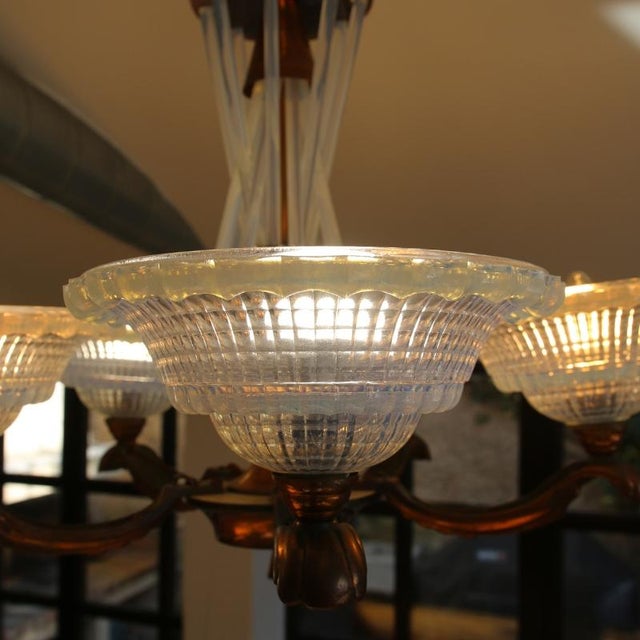 French Art Deco Chandelier in Opalescent Glass and Copper by Ezan-Petitot, 1930s For Sale - Image 17 of 18