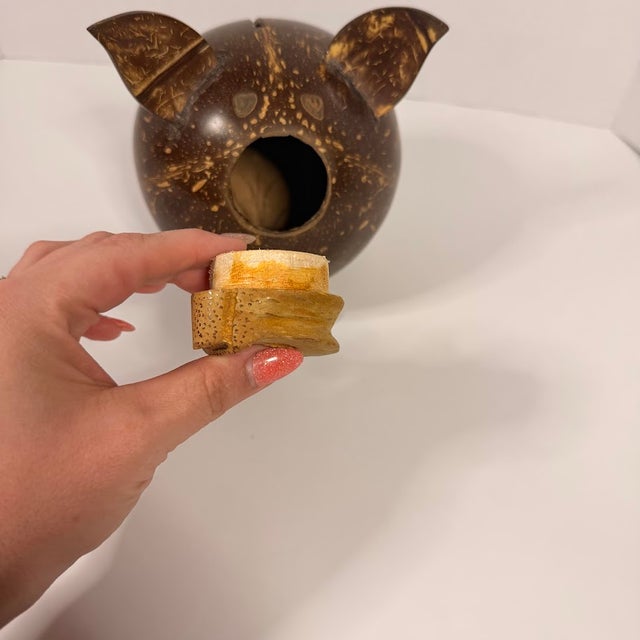 Handmade Coconut Shell Piggy Bank Carved Wood Rustic Tropical Folk Art Decor Pig Folk Art For Sale - Image 10 of 11