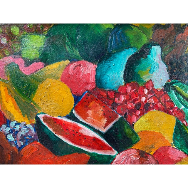 Wood Vintage Colorful Oil on Board Painting of Nude Woman and Fruit in Handmade Geometric Wood Frame, Signed Alfonso Caliendo Circa 1990 For Sale - Image 7 of 12